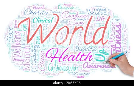 Big word cloud in the shape of cloud with hand and pen with words world health. World day of action dedicated to tackling global hunger Stock Photo