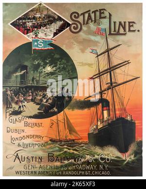 Advertising poster for State Line, with voyages between Liverpool, Glasgow, Belfast, Dublin and Londonderry (aka Derry). The illustration shows the ship 'State of Nebraska' and sailboat on water, with inserts of a dining room, and people on deck of ship. Created by Jacob Ottmann (1849-1889). Stock Photo