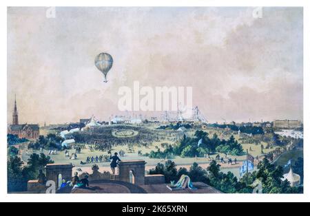 A balloon flyng over the Fancy Fair in Prince's Park, during the campaign to raise funds in support of the Northern and Southern Hospitals in Liverpool, England, August 1849. Created by John R. Isaac, draughtsman and lithographer. Stock Photo