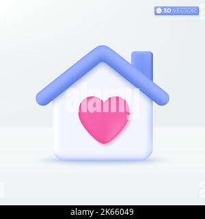 Stay and love home icon symbols. pink heart, Lovely, valentine, family and care concept. 3D vector isolated illustration design. Cartoon pastel Minima Stock Vector