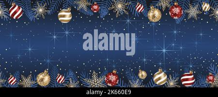 Seamless Abstract Vector Illustration With Christmas Balls And Luminous Blue Background With Text Space. Horizontally Repeatable. Stock Vector