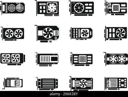 GPU graphic card icons set simple vector. Hard ware. Board capacitor Stock Vector