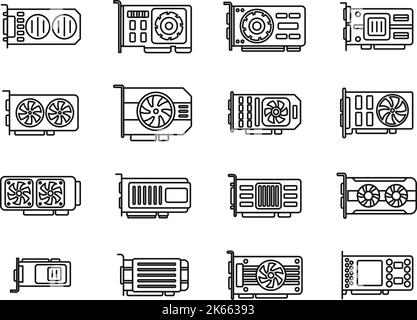GPU graphic card icons set outline vector. Hard ware. Board capacitor Stock Vector