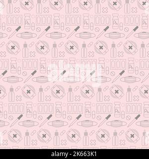 madical pattern with pills mask phone suppositories pipette cross bottles Stock Vector