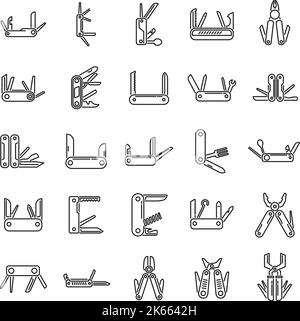 Multitool icons set outline vector. Multifunctional knife. Army blade Stock Vector