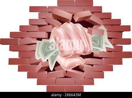 Hand Fist Holding Cash Money Punching Wall Stock Vector