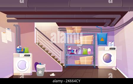 Vector cartoon interior of house basement with washing and dryer machine, stairs, basket with dirty linen, carton boxes and detergents on shelves. Laundry room or home cellar in cottage. Stock Vector