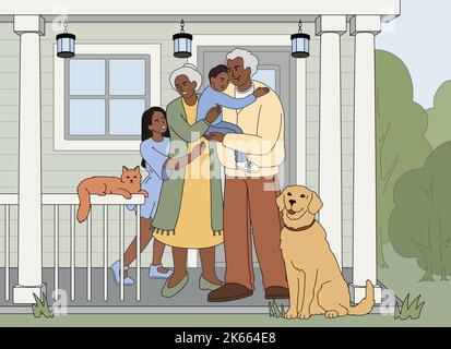 Flat smiling grandmother, grandfather and grandchildren hug standing on porch of countryside house with domestic pets. Happy family members embracing each other. Relatives in front of cottage. Stock Vector