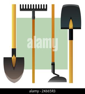 Agricultural rural garden tool. Shovels rakes and hoes. Isolated on white background. Logo and symbol logotype. Vector. Stock Vector