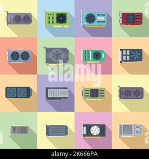 GPU graphic card icons set flat vector. Hard ware. Board capacitor Stock Vector