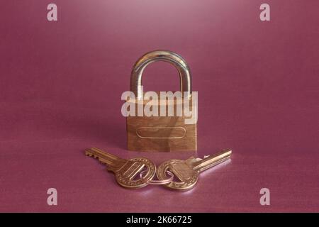 A gold camouflage patterned padlock standing in front of two gold keys held together by a keyring on a colorful studio background with copy space and Stock Photo