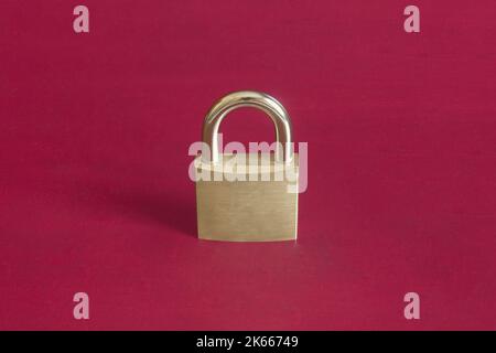 Two golden keys are joined by a metal ring on a colorful studio background. Security and guaranty concept. Stock Photo