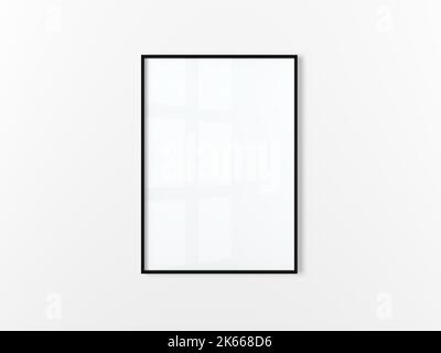 Blank frame. Poster mockup. Vertical frame hanging on a white wall. Isolated. Black. 3d illustration. Stock Photo