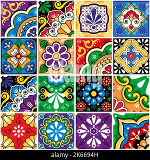 Mexican tiles big set collection, talavera ornaments vector seamless design with flowers and swirls Stock Vector
