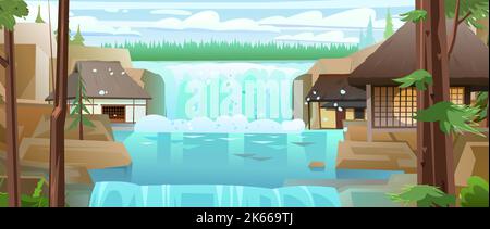 Traditional Japanese house. Near waterfall and river. Small village. Rural dwelling with thatched roof. illustration vector. Stock Vector