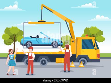 Auto Towing Car Using a Truck with Roadside Assistance Service in Template Hand Drawn Cartoon Flat Background Illustration Stock Vector