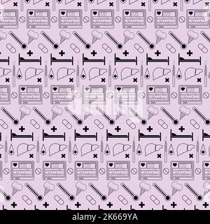 madical pattern with pills bed monitor implant thermometer scalpel liver cross Stock Vector