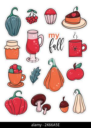 Fall stickers set in cartoon style. Autumn aesthetics hand drawn collection. Print and cut illustrations to decorate your diary and notes. Bundle Stock Vector