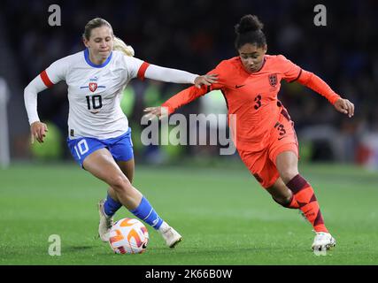 Brighton and Hove, UK. 11th Oct, 2022. Demi Stokes of England and Katerina Svitkova of Czech Republic challenge for the ball during the International Friendly match at the AMEX Stadium, Brighton and Hove. Picture credit should read: Paul Terry/Sportimage Credit: Sportimage/Alamy Live News Stock Photo