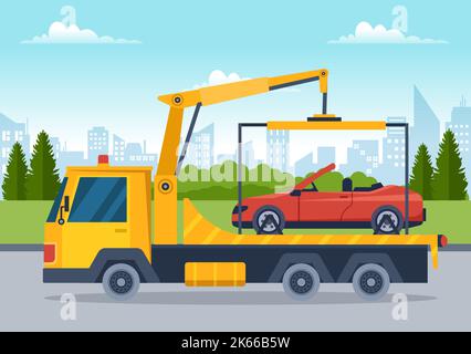Auto Towing Car Using a Truck with Roadside Assistance Service in Template Hand Drawn Cartoon Flat Background Illustration Stock Vector