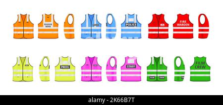 Safety reflective vest with label flat style design vector illustration set. Various color fluorescent security safety work jacket with reflective str Stock Vector