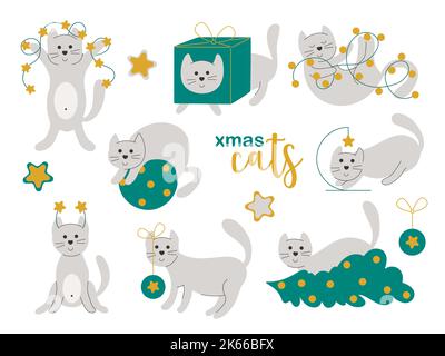 Christmas stories with cat vector illustration. Funny cute pet with gift box, christmas tree, garland and stars. Hand drawn holiday decoration Stock Vector