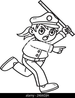 Policewoman Holding Baton Isolated Coloring Page  Stock Vector