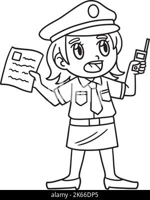 Policewoman Reporting Isolated Coloring Page  Stock Vector