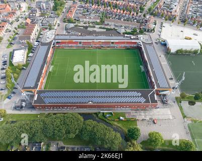 Volendam, 25th of September 2022, The Netherlands. FC Volendam Dutch Eredivisie football club stadium called Kras Stadium exterior view. Aerial drone Stock Photo