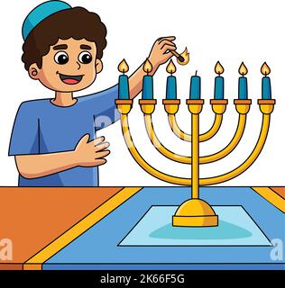 Hanukkah Boy Lighting Menorah Cartoon Clipart Stock Vector