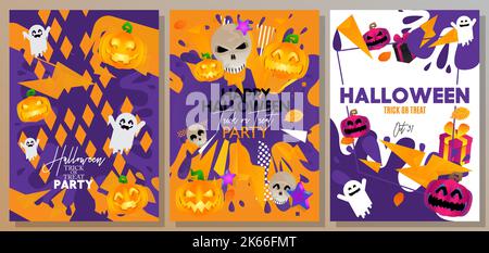 Happy Halloween party posters set, invitations, greeting cards. Vector illustration night clouds and pumpkins, ghost, moon, spiders web, bat. Template Stock Vector