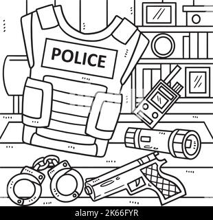 Police Officer Equipment Coloring Page for Kids Stock Vector