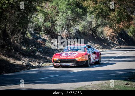 Novella, Corsica, France - 7th October 2022: Yann Simon and Sylvain Polosse compete in their Ferrari 308 in the 2022 Tour de Corse Historique. the isl Stock Photo