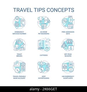Travel tips turquoise concept icons set Stock Vector