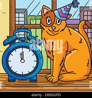 New Year Countdown Cat And Clock Colored Cartoon Stock Vector