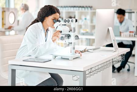 She doesnt miss a thing. a young scientist using a microscope in a lab. Stock Photo