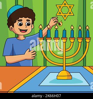 Hanukkah Boy Lighting Menorah Colored Cartoon Stock Vector