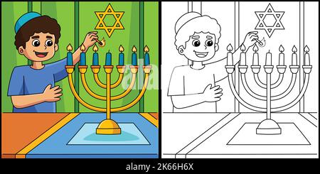 Hanukkah Boy Lighting Menorah Illustration Stock Vector