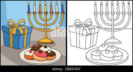 Hanukkah Sufganiyah Gift Coloring Illustration Stock Vector