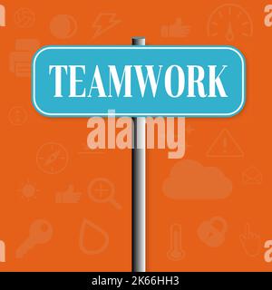 Square banner with words promoting business teamwork, cooperation, and success through working together, on orange abstract background. Stock Vector