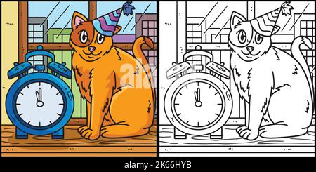 New Year Countdown Cat And Clock Illustration Stock Vector