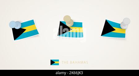 Pinned flag of The Bahamas in different shapes with twisted corners. Vector pushpins top view. Flag set. Stock Vector