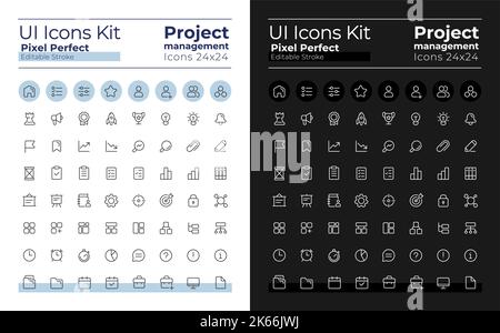 Project management pixel perfect linear ui icons kit for dark, light mode Stock Vector