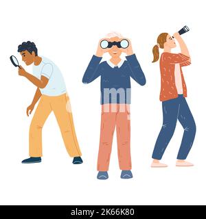 Men and woman of multiracial team search vacancy with binoculars, magnifying glass. Diverse people looking, finding new work opportunities, vacancies, Stock Vector