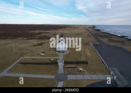 Strandarkirkja Church, Selvogur Iceland. Drone View. Stock Photo