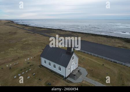 Strandarkirkja Church, Selvogur Iceland. Drone View. Stock Photo