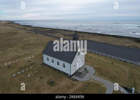 Strandarkirkja Church, Selvogur Iceland. Drone View. Stock Photo