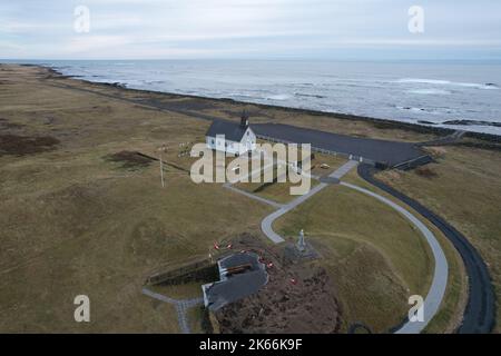 Strandarkirkja Church, Selvogur Iceland. Drone View. Stock Photo