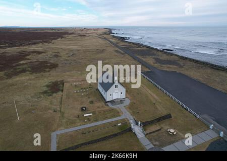 Strandarkirkja Church, Selvogur Iceland. Drone View. Stock Photo