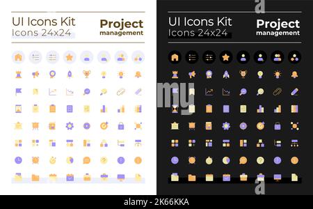 Project management pixel perfect flat color ui icons kit for dark, light mode Stock Vector